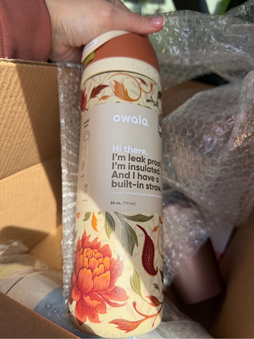 Owala 24oz Insulated Water Bottle – Cream Floral (Woodland Boho)